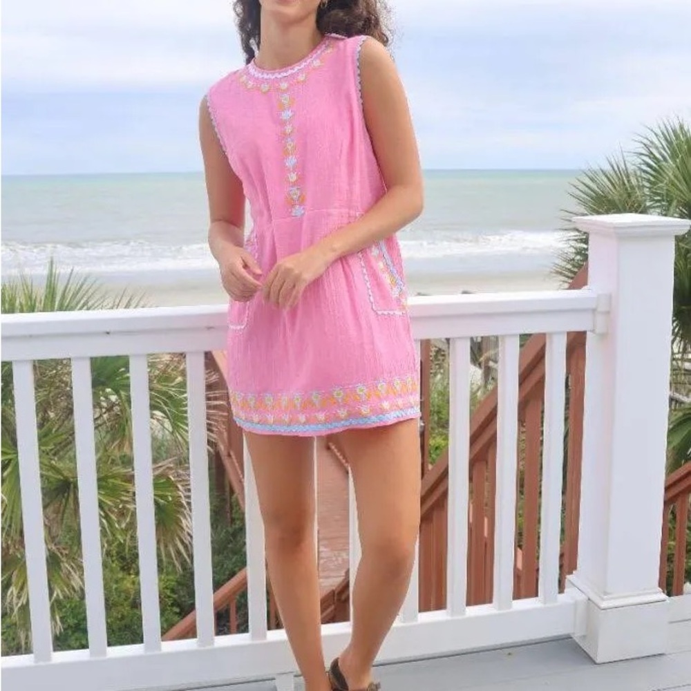 Simply Southern Pink Embroidered Sleeveless Mini Dress